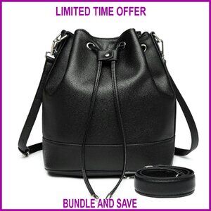 Leather Bucket Bag with Drawstring Closure and 2 Detachable Straps